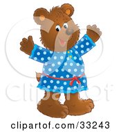 Clipart Illustration Of A Happy Bear In A Blue Polka Dog Dress Holding Her Arms Up