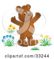 Clipart Illustration Of A Happy Brown Bear Holding His Arms Up And Standing In Wildflowers