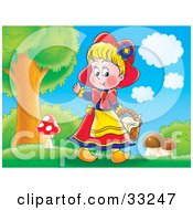 Clipart Illustration Of A Happy Little Girl Red Riding Hood Picking Mushrooms Near The Forest