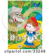 Clipart Illustration Of A Wolf Emerging Behind A Tree Under A Bird Watching Little Red Riding Hood As She Walks Through The Forest by Alex Bannykh
