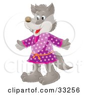Clipart Illustration Of A Happy Wolf In A Purple Polka Dot Dress by Alex Bannykh