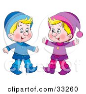 Two Little Blond Boys Dressed In Blue And Purple