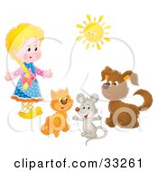 Poster, Art Print Of Little Blond Girl With A Cat Mouse And Dog Under A Sun