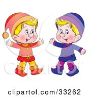 Two Little Blond Boys Dressed In Orange And Purple
