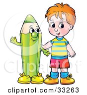 Red Haired Boy Standing With A Friendly Green Color Pencil Character
