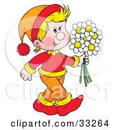 Poster, Art Print Of Happy Blond Boy In Orange And Red Carrying A Bunch Of Daisy Flowers