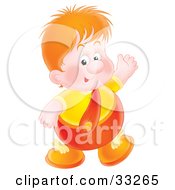 Clipart Illustration Of A Friendly Red Haired Chubby Boy In Red And Yellow Waving