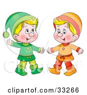 Poster, Art Print Of Two Little Blond Boys Dressed In Green And Orange