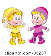 Two Little Blond Boys Dressed In Yellow And Purple