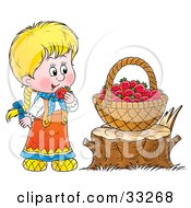 Poster, Art Print Of Cute Little Blond Girl Snacking On Red Raspberries From A Basket On A Tree Stump