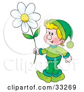 Poster, Art Print Of Happy Blond Boy In Green Carrying A Large Daisy Flower