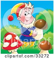Poster, Art Print Of Friendly Male Gnome Carrying A Mushroom In Grasses