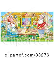 Poster, Art Print Of Happy Man Woman Mouse Bird And Cat Watching A Hen Laying Golden Eggs Outside A Log Cabin