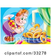 Clipart Illustration Of A Flying Boy Looking At Donuts In A Window