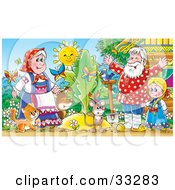 Poster, Art Print Of Cat Mouse Dog Bird Butterflies Girl Man And Woman Standing Around A Giant Turnip Or Carrot