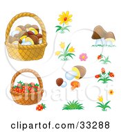 Clipart Illustration Of Baskets Of Mushrooms And Strawberries With Flowers And Mushrooms by Alex Bannykh