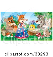 Poster, Art Print Of Bear Wolf Rabbit And Happy Face Admiring A Female Fox In Clothes