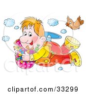 Clipart Illustration Of A Bird And A Chubby Flying Boy In The Sky With Candy And Gifts