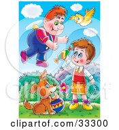 Chubby Flying Boy And Bird Over A Puppy With A Ball And Boy With Candy