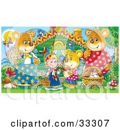 Goldilocks Standing Outside A Cabin With Thethree Bears Mushrooms Butterflies And Birds