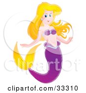 Poster, Art Print Of Pretty Blond Mermaid With A Purple Tail And Yellow Fins Wearing Purple Shells