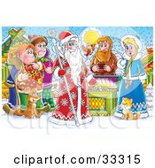 Group Of People Bird Cat And Dog Around A Treasure Chest And A King Of Winter Or Santa Clause