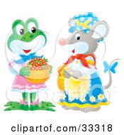 Poster, Art Print Of Cute Female Frog In Clothes Carrying A Basket Of Strawberries And Chatting With A Female Mouse