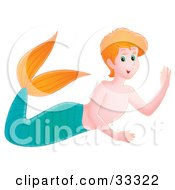 Poster, Art Print Of Friendly Red Haired Mermaid Boy With A Green Tail And Orange Fins