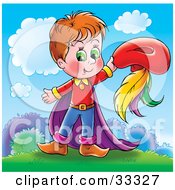 Clipart Illustration Of A Happy Green Eyed Boy In A Cape Holding Out His Hat