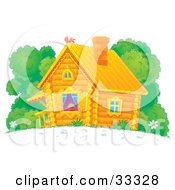 Clipart Illustration Of A Cute Log Cabin With Blue Drapes And A Plant In The Window