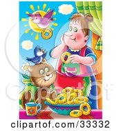 Clipart Illustration Of A Bird Flying With A Donut By A Woman With A Bird And Cat by Alex Bannykh
