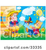 Clipart Illustration Of A Sad Man Sitting On A Stump And Talking To A Cat In Clothes Watching A Butterfly On A Sunny Day