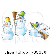 Clipart Illustration Of Two Snowmen Near A Melted Snowman