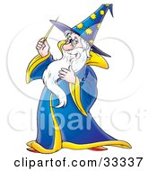 Friendly Male Wizard In A Blue And Yellow Hat And Cape Holding A Magic Wand