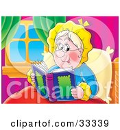 Clipart Illustration Of A Happy Granny Relaxing In Bed And Reading A Book by Alex Bannykh