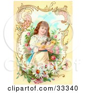 Poster, Art Print Of Little Victorian Girl Gently Carrying A Calico Kitten In A Hat Through A Rose Garden Framed By Scrolls And Daisies