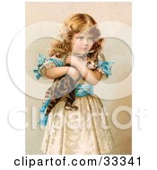 Clipart Illustration Of A Little Victorian Girl In A Fluffy Dress Hugging Her Scared Kitten