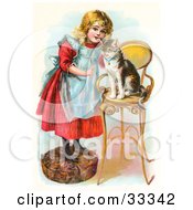 Little Blond Victorian Girl Trying To Train Her Cat To Listen To Her Commands Teaching Kitty To Sit On A Stool