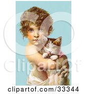 Little Curly Haired Victorian Child Holding A Kitten In Their Arms Over A Blue Background
