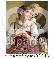 Little Blond Victorian Girl Hugging Her Mom From Behind As She Knits A Cat Rubbing Against Her Arm