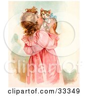 Poster, Art Print Of Little Victorian Girl In A Pink Dress Holding Up And Kissing Her Cute Kitten On The Cheek