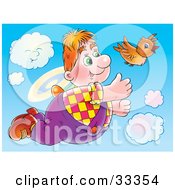 Poster, Art Print Of Chubby Flying Boy In The Sky With A Brown Bird