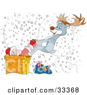 Reindeer Trying To Pull Santa Out Of A Chimney Of Which He Is Stuck On A Snowy Christmas Eve