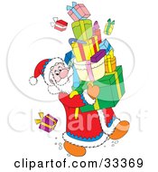 Poster, Art Print Of Santa Claus Trying Not To Drop Presents While Carrying A Stack Of Gifts