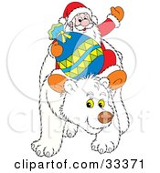 Santa Waving And Holding His Toy Sack While Riding On The Back Of A Friendly Polar Bear