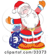 Poster, Art Print Of Santa Holding His Arms Open And Standing In Front Of His Toy Sack