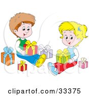 Poster, Art Print Of Little Boy And Girl Brother And Sister Sitting On The Floor And Opening Christmas Presents