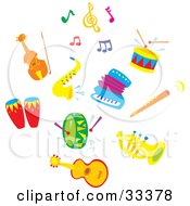 Set Of Colorful Music Notes A Cello Or Violin Sax Drums Accordion Flute Tuba And Guitar
