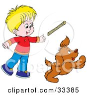 Poster, Art Print Of Little Blond Boy Throwing A Stick While Playing Fetch With His Puppy