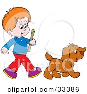 Poster, Art Print Of Red Haired Boy Carrying A Stick And Walking With His Puppy About To Play Fetch